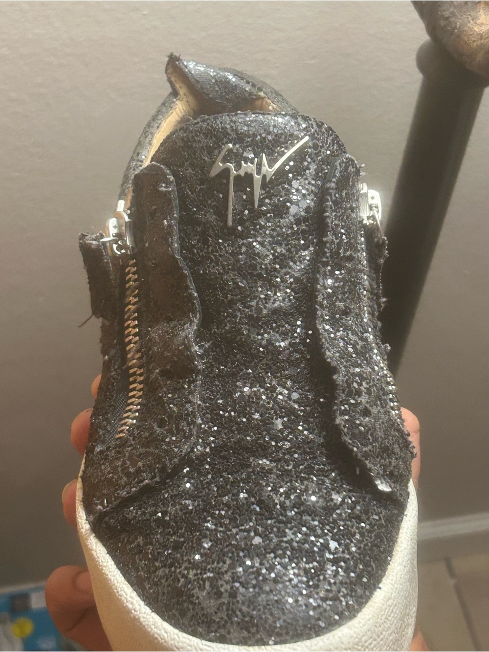 Giuseppe Zanotti Silver-Trim Black Glitter Low-Top Sneaker